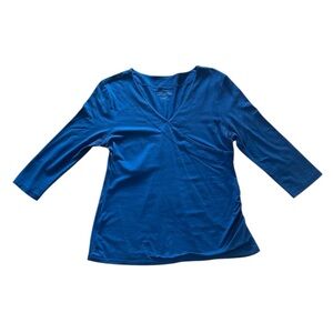 SOFT SURROUNDINGS WOMEN BLUE FAUX WRAP AROUND 3/4 SLEEVE TOP SIZE PETITE MEDIUM